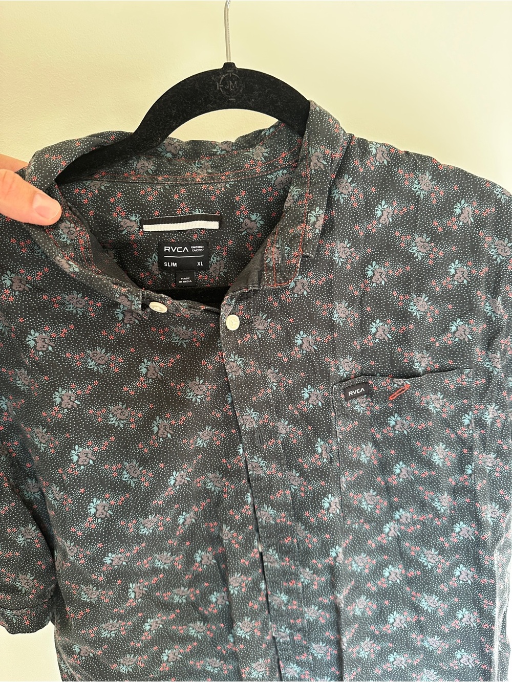 RVCA Black Short Sleeve Button-Up Shirt with Teal & Pink Floral Print